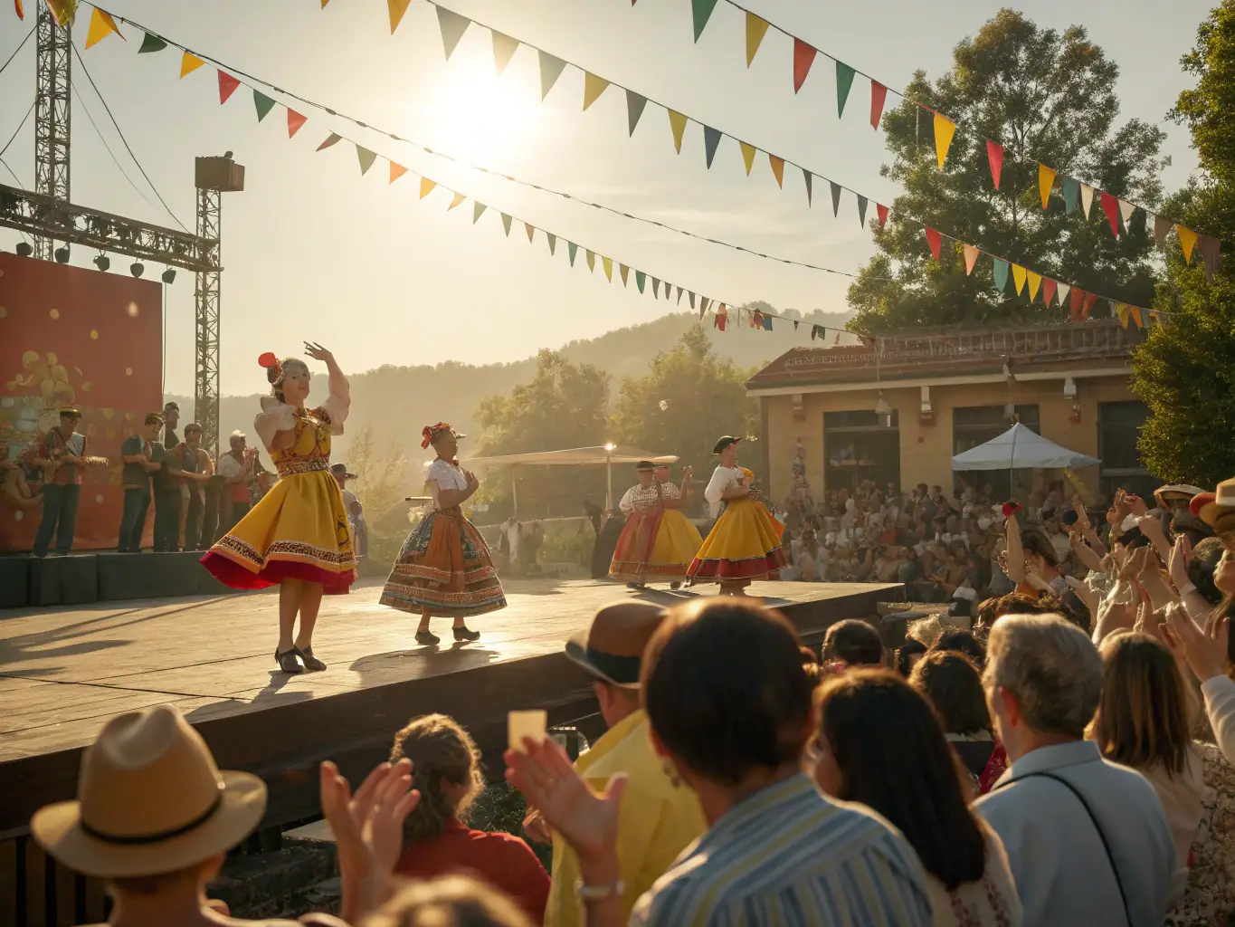 A colorful festival scene with performers in traditional costumes, audience enjoying performances, and cultural displays, capturing the vibrant atmosphere of our cultural festivals.